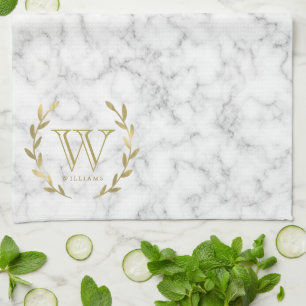 Faux Gold Foil Monogram op marmer Texture Theedoek