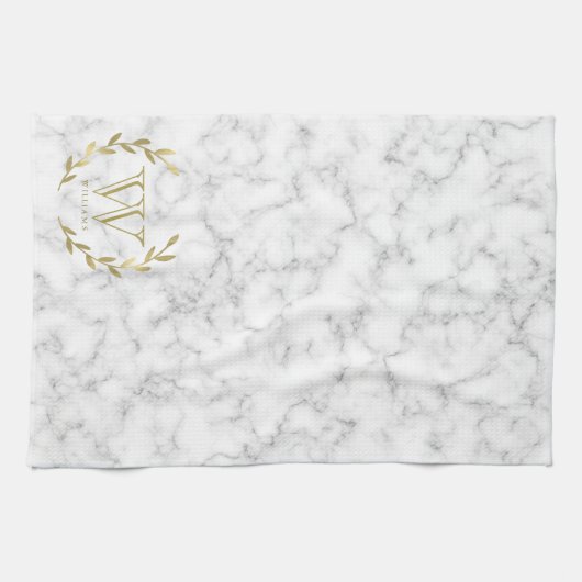 Faux Gold Foil Monogram op marmer Texture Theedoek (Horizontaal)