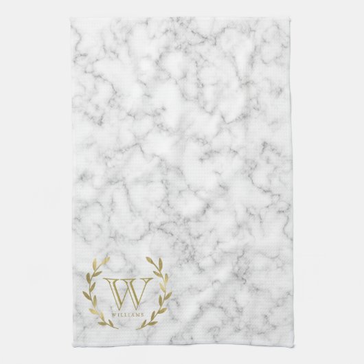 Faux Gold Foil Monogram op marmer Texture Theedoek (Verticaal)