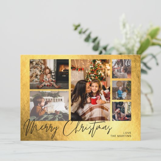 Faux Gold Foil Multi Photo met prettige kerstfeest (Staand voorkant)