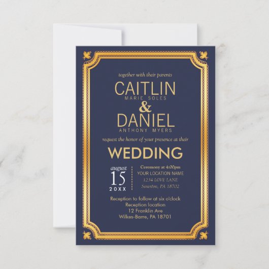 Faux Gold Foil Navy Blue Elegant Script Weddenscha Kaart (Voorkant)