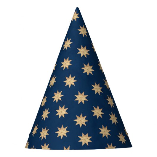Faux Gold Foil & Navy Blue Stars Pattern Feesthoedjes (Voorkant)
