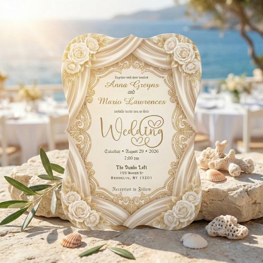 Faux Gold Foil Ornate Frame Printed Satin Wedding  Kaart
