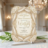 Faux Gold Foil Ornate Frame Printed Satin Wedding  Kaart