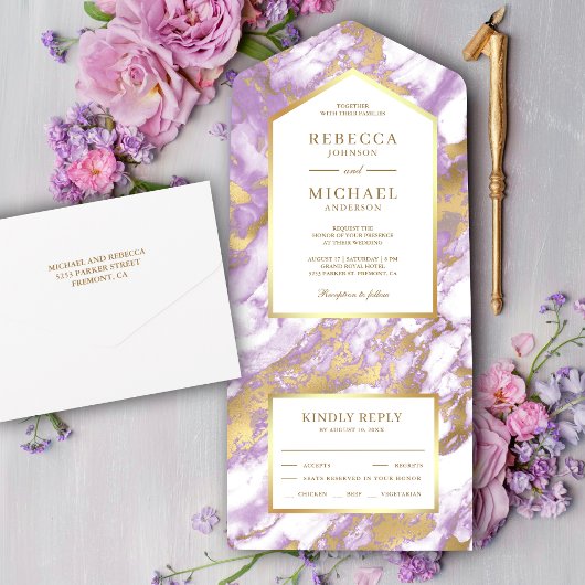 Faux Gold Foil Pastel Lavender Marble Wedding All In One Uitnodiging