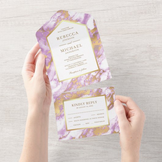 Faux Gold Foil Pastel Lavender Marble Wedding All In One Uitnodiging (Afscheurbaar)