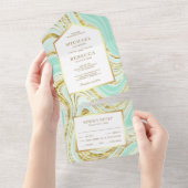 Faux Gold Foil Pastel Mint Green Marble Wedding All In One Uitnodiging (Afscheurbaar)