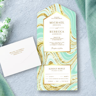 Faux Gold Foil Pastel Mint Green Marble Wedding All In One Uitnodiging