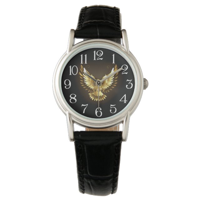 Faux Gold Foil Peace Dove op Zwart Horloge (Voorkant)