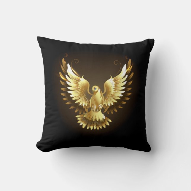 Faux Gold Foil Peace Dove op Zwart Kussen (Voorkant)