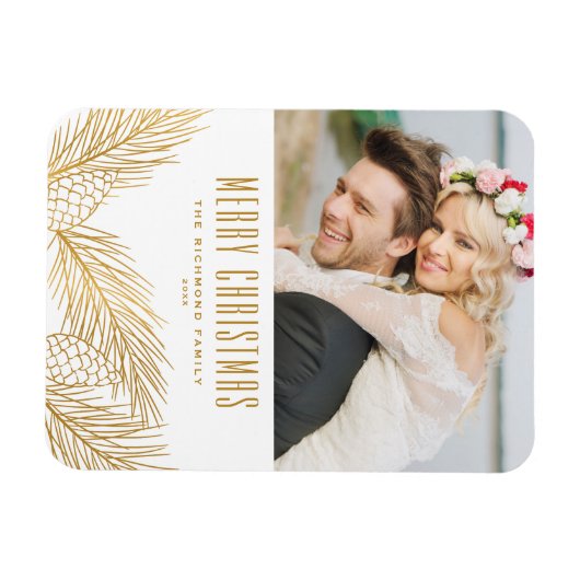 Faux Gold Foil Pine Needles Merry kerstfoto Magneet (Horizontaal)