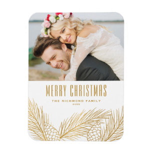 Faux Gold Foil Pine Needles Merry kerstfoto Magneet