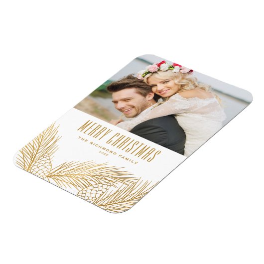 Faux Gold Foil Pine Needles Merry kerstfoto Magneet (Linkerzijde)