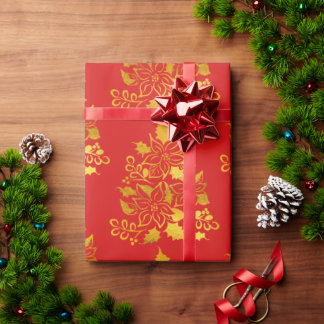 Faux Gold Foil Poinsettias Christmas Trees Cadeaupapier