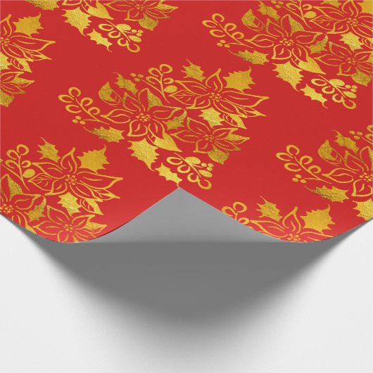 Faux Gold Foil Poinsettias Christmas Trees Cadeaupapier (Hoek)