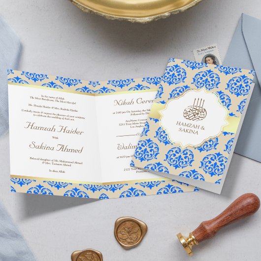 Faux Gold Foil Royal Blue Damask Muslim Weduwen