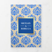 Faux Gold Foil Royal Blue Damask trouwfoto Drieluik Uitnodiging (Cover)