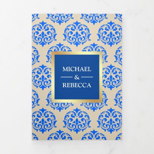 Faux Gold Foil Royal Blue Damask trouwfoto Drieluik Uitnodiging (Cover)