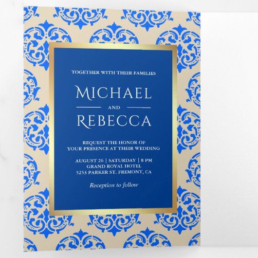Faux Gold Foil Royal Blue Damask trouwfoto Drieluik Uitnodiging (Binnenzijde eerst)