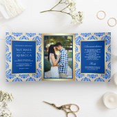 Faux Gold Foil Royal Blue Damask trouwfoto Drieluik Uitnodiging