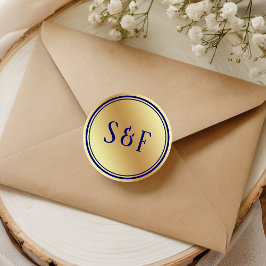 Faux Gold Foil Royal Blue Monogram Envelop Afdicht Ronde Sticker