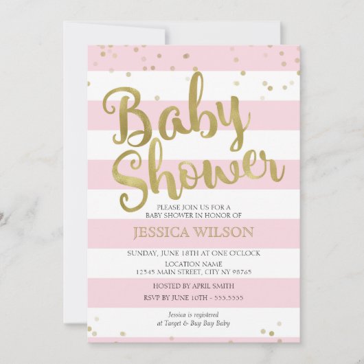 Faux Gold Foil, roze Stripes Baby shower Girl Kaart (Voorkant)