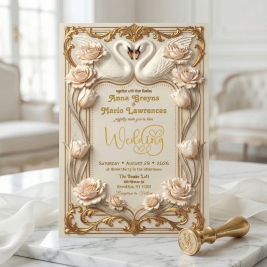 Faux Gold Foil & Satin Effect Baroque Swan Kaart