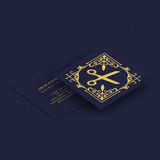Faux Gold Foil Schaar Haarstylist Navy Blue Vierkante Visitekaartje