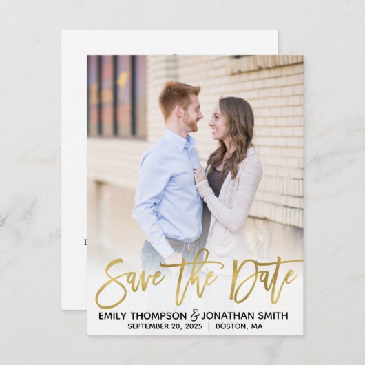 Faux Gold Foil Script Photo Save the Date Card (Voorkant / Achterkant)