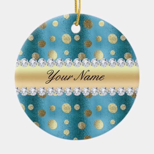 Faux Gold Foil spots op metallisch blauw Keramisch Ornament (Voorkant)