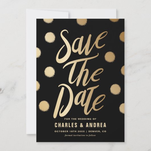Faux Gold Foil Stippen Modern Black Save The Date (Voorkant)