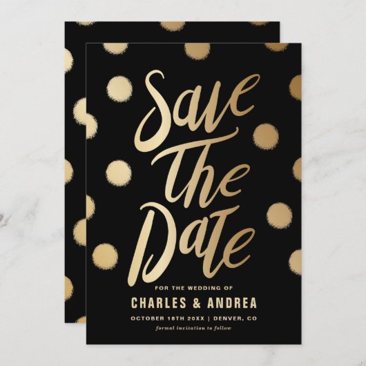 Faux Gold Foil Stippen Modern Black Save The Date (Voorkant / Achterkant)