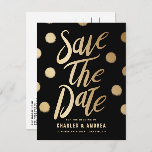 Faux Gold Foil Stippen Modern Black Save the Date Aankondigingskaart (Voorkant / Achterkant)