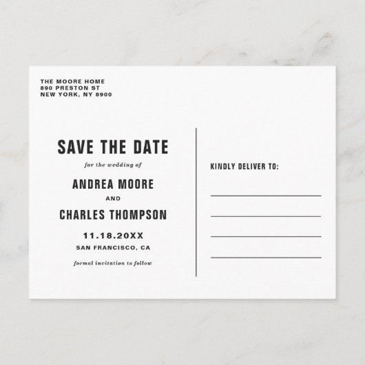 Faux Gold Foil Stippen Modern Black Save the Date Aankondigingskaart (Achterkant)
