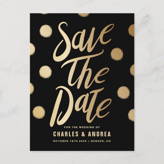 Faux Gold Foil Stippen Modern Black Save the Date Aankondigingskaart (Voorkant)