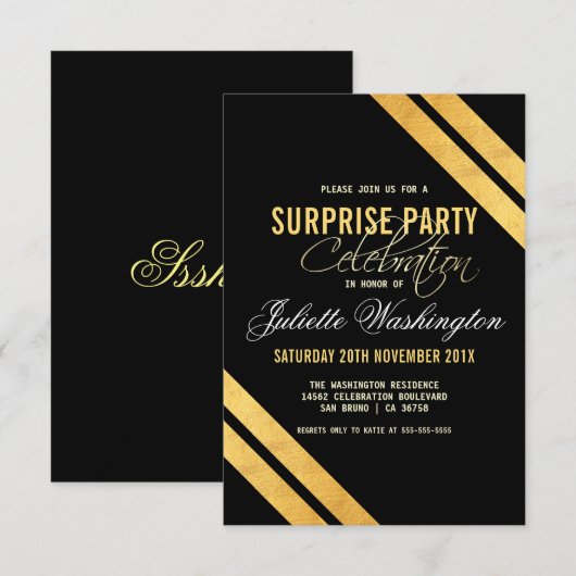 Faux Gold Foil Strip Black Surprise Birthday Party Kaart (Voorkant / Achterkant)