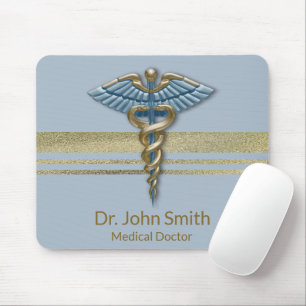 Faux Gold Foil Stripes Light Blue Caduceus Medical Muismat