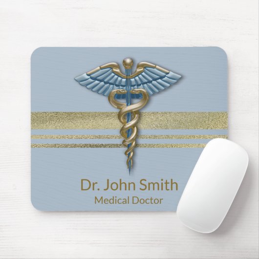 Faux Gold Foil Stripes Light Blue Caduceus Medical Muismat (Met muis)