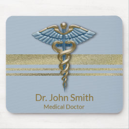 Faux Gold Foil Stripes Light Blue Caduceus Medical Muismat