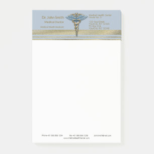 Faux Gold Foil Stripes Light Blue Caduceus Medical Post-it® Notes