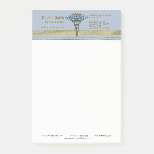 Faux Gold Foil Stripes Light Blue Caduceus Medical Post-it® Notes (Voorkant)