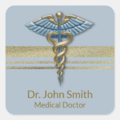 Faux Gold Foil Stripes Medical Caduceus Light Blue Vierkante Sticker (Voorkant)