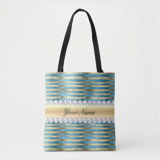 Faux Gold Foil Stripes op Wavy Blue Metallic Tote Bag (Voorkant)