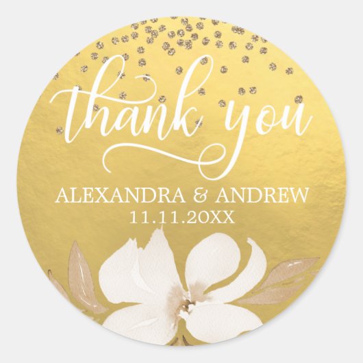 Faux Gold Foil Waterverf Floral Wedding Dank u Ronde Sticker (Voorkant)