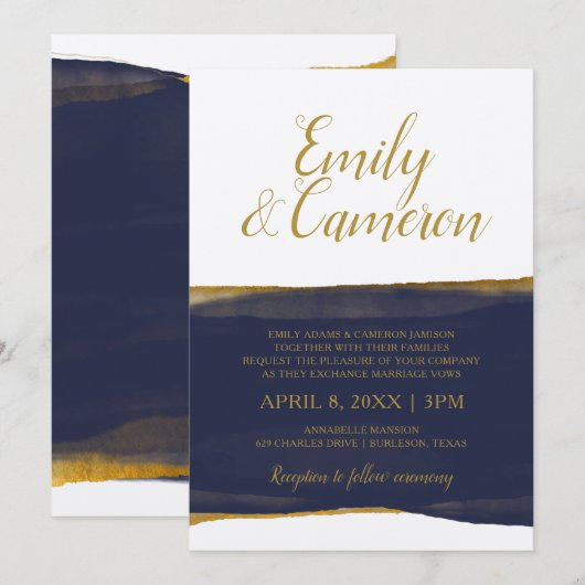 Faux Gold Foil Waterverf Strip Invitation | Marine Kaart (Voorkant / Achterkant)