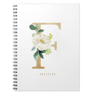 Faux Gold Foil White Flower Letter F Monogram Notitieboek