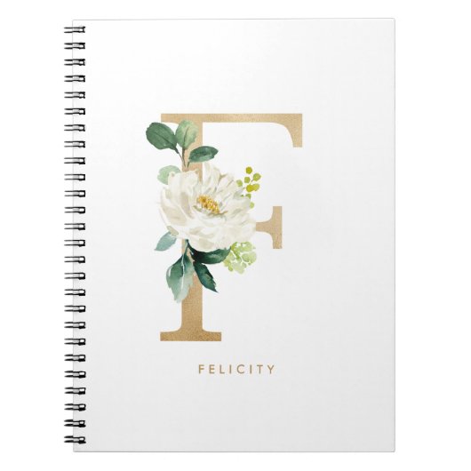 Faux Gold Foil White Flower Letter F Monogram Notitieboek (Voorkant)