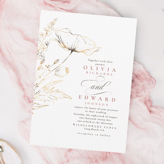 Faux Gold Foil Wildbloemen Dusty Pink Weddenschap Kaart