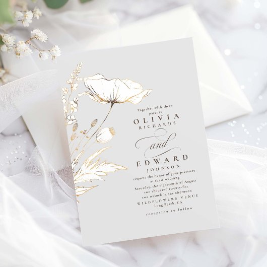 Faux Gold Foil Wildbloemen Licht Grijze bruiloft Kaart