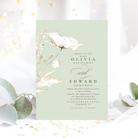 Faux Gold Foil Wildbloemen Sage Green Wedding Kaart